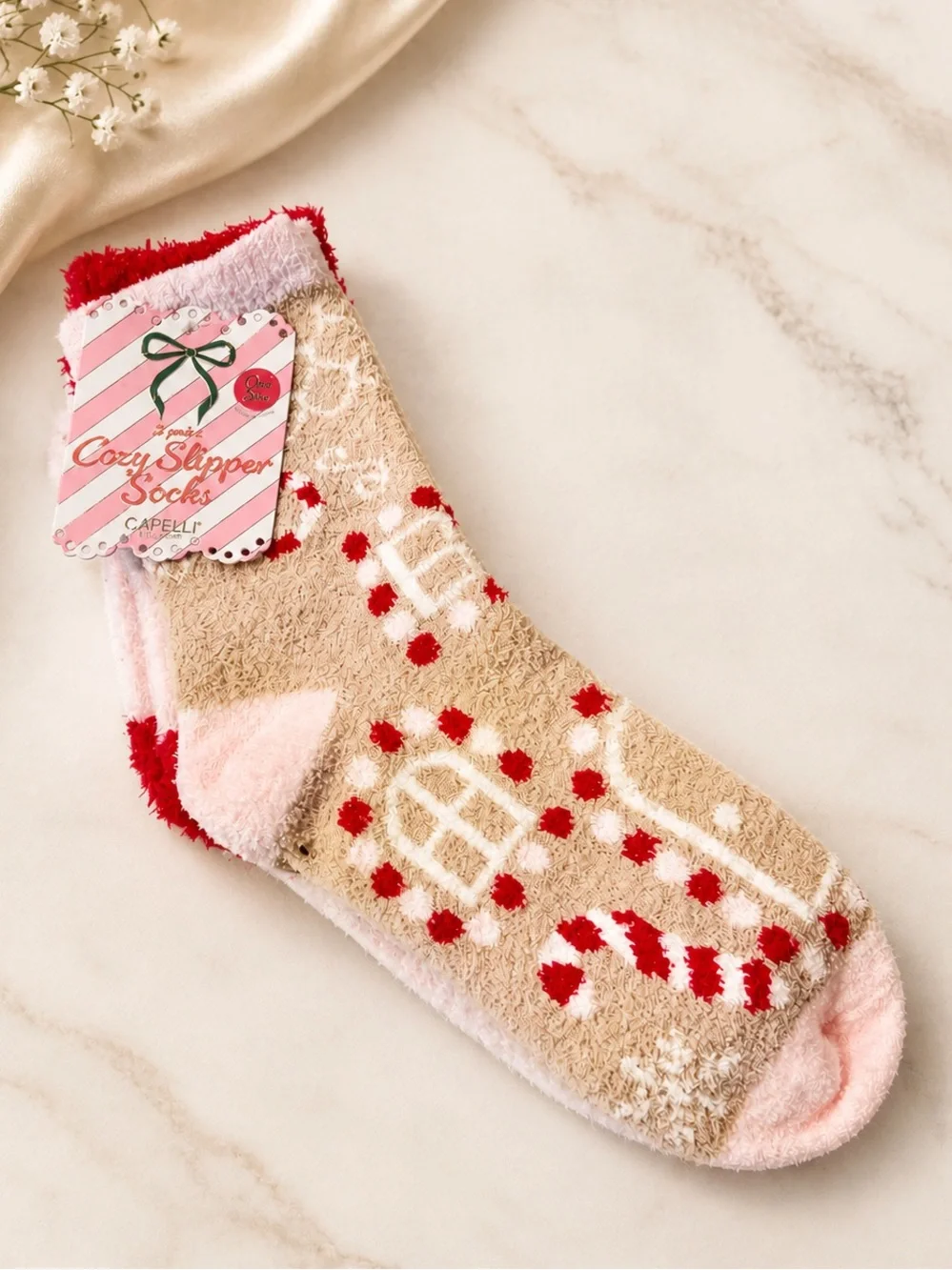 Cozy Slipper Socks with Red & Pink Accents